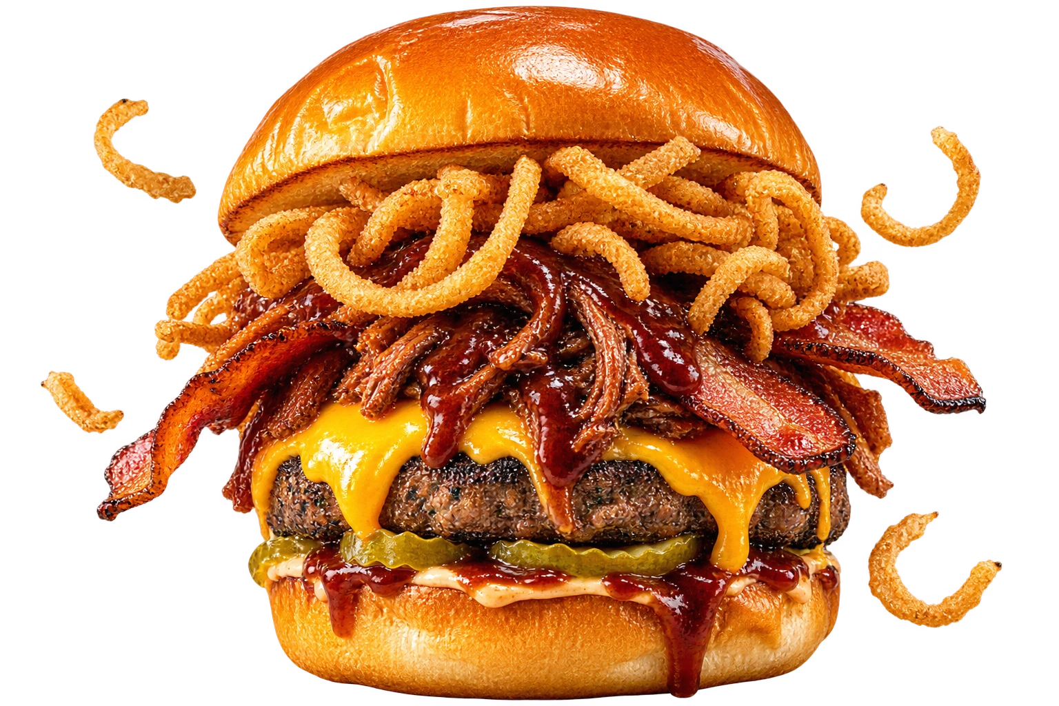 An artistic take on our Cowboy Burger with cheddar and crispy onions